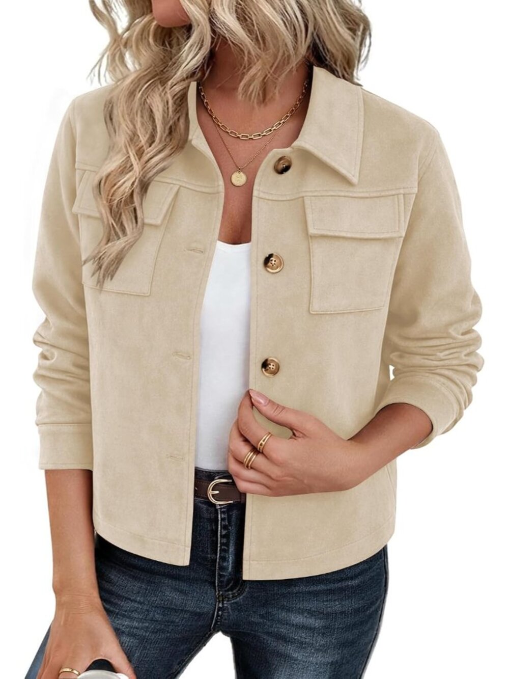 Women's Apricot Faux Suede Button Down Collared Shackets Coat Cropped Jacket